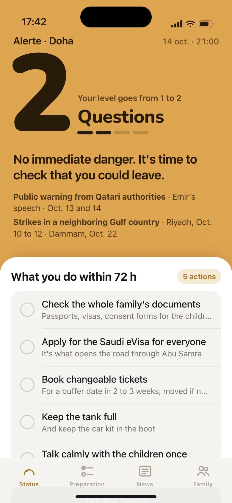 Family Safe alert screen: the level goes from 1 to 2