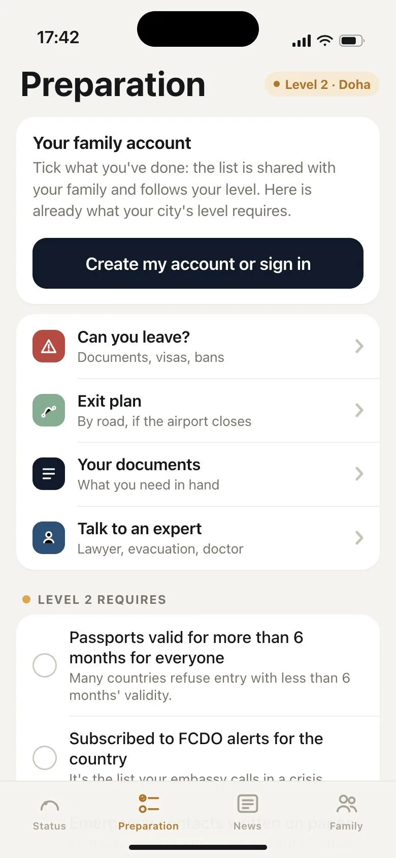 Preparation screen: the actions for your level