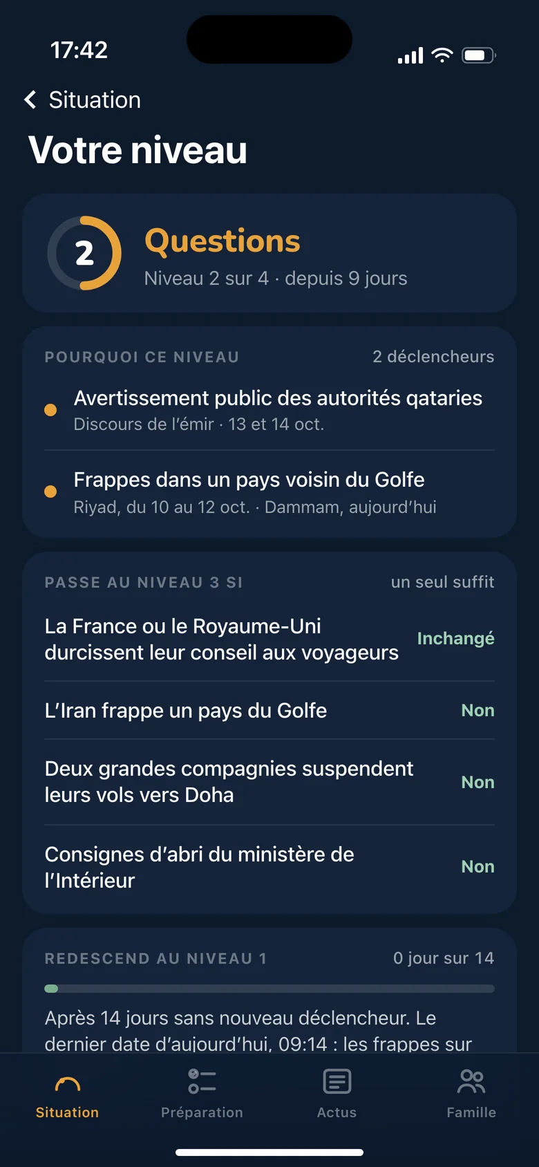 Écran Votre niveau : pourquoi ce niveau et ce qui le ferait monter