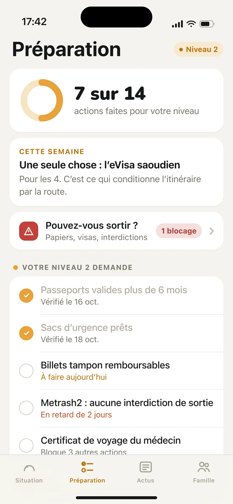 Écran Préparation : la liste des actions du niveau